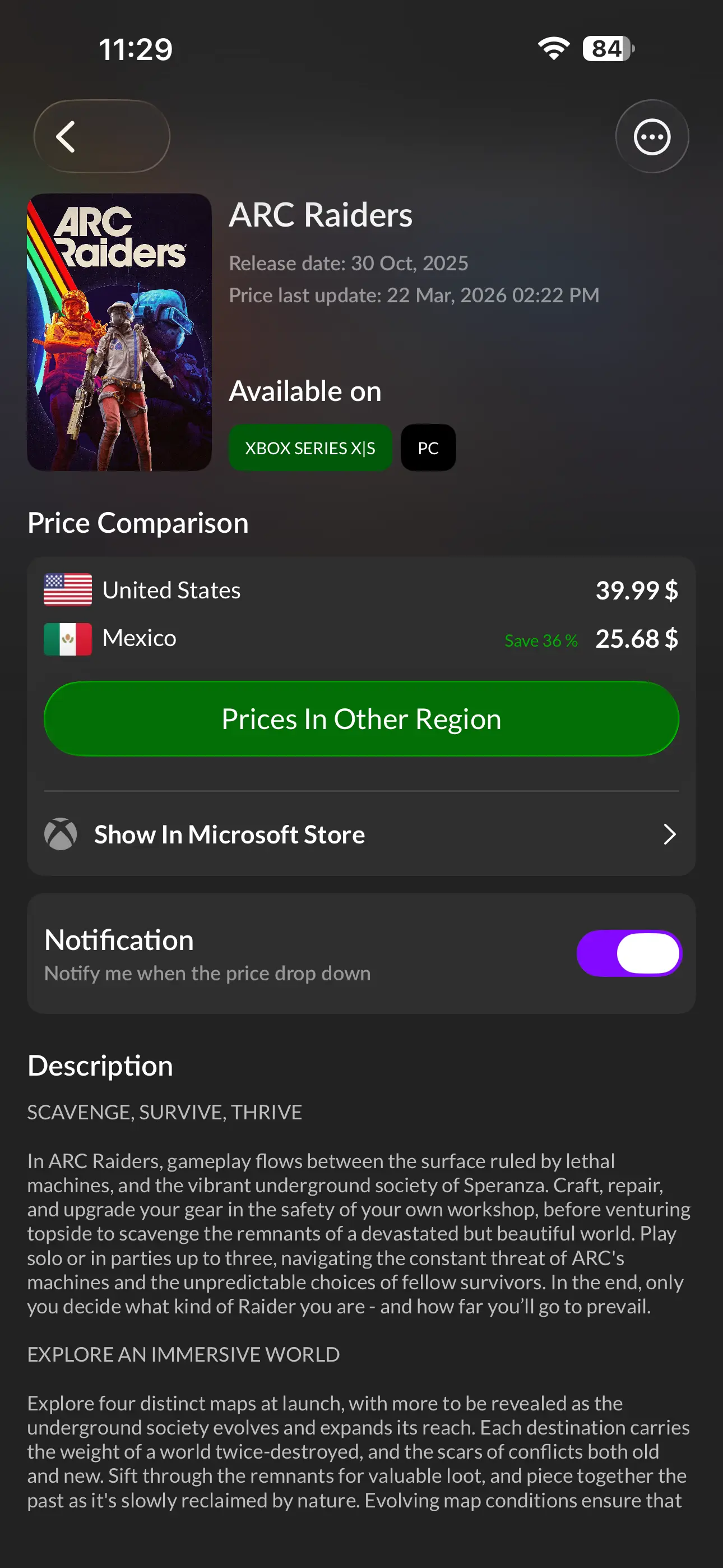 XBX Spy app screen with Xbox price-drop alerts and deals list